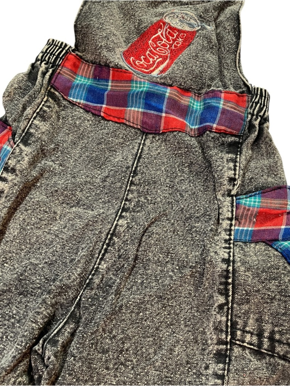 Vintage 80s Coca-Cola Toddler Overalls Acid Wash Plaid 2T - Picture 5 of 13